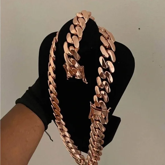 Set Chain & Bracelet 20mm Miami Cuban Link Pink Red Rose Gold Plated Chain